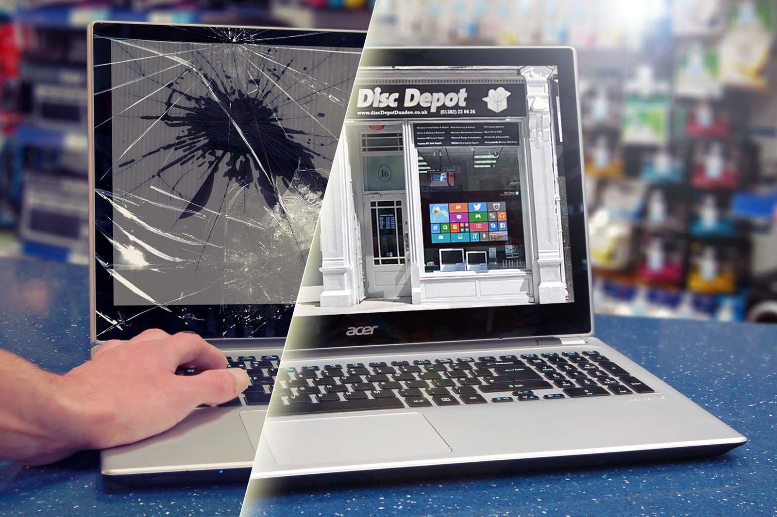 Laptop antes y después de reparación